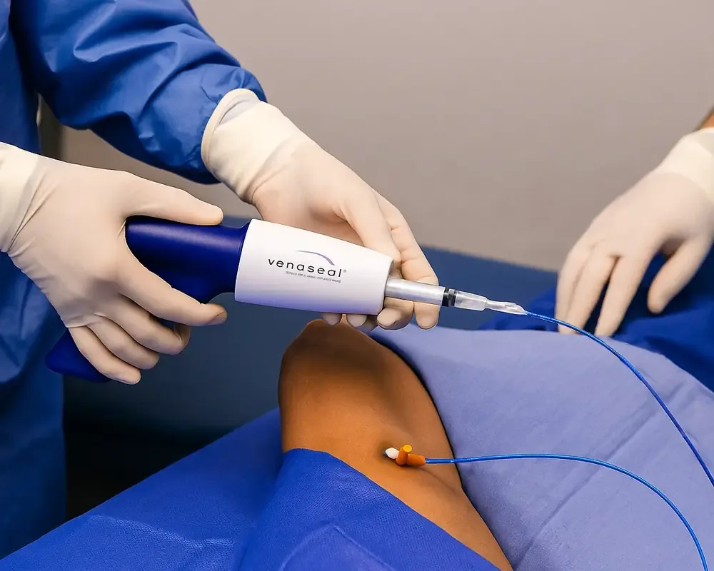 A clinician using the VenaSeal applicator on a patient leg