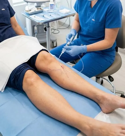 A clinician treating a mapped vein on a patient leg